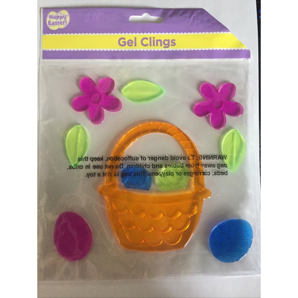 NEW woven EASTER Basket & Eggs Flowers CUTE Window Gel Clings Decorations 10 pcs